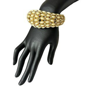 Cabochon Hinged Statement Bangle Bracelet For Women  Cream, Gold & Rhinestones
